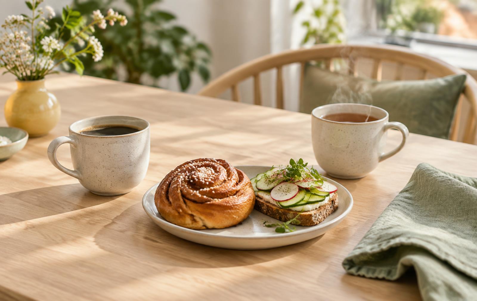Kaffe, te och fika på ett ljust bord