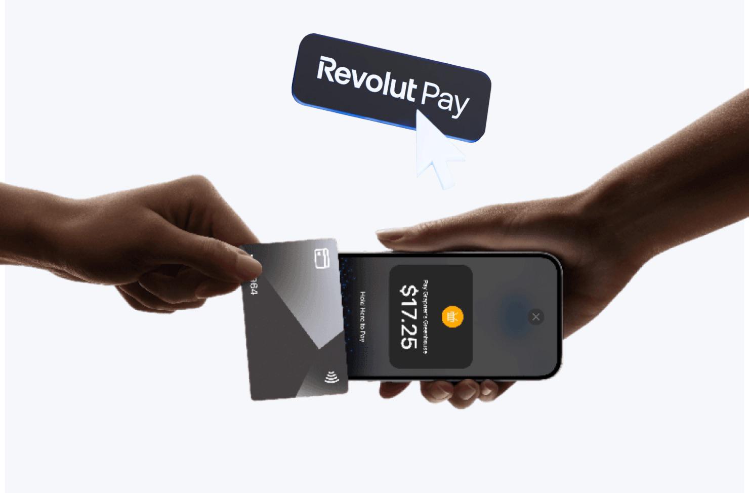 Mobiltelefon och betalkort som illustrerar Revoluts välkomstbonus